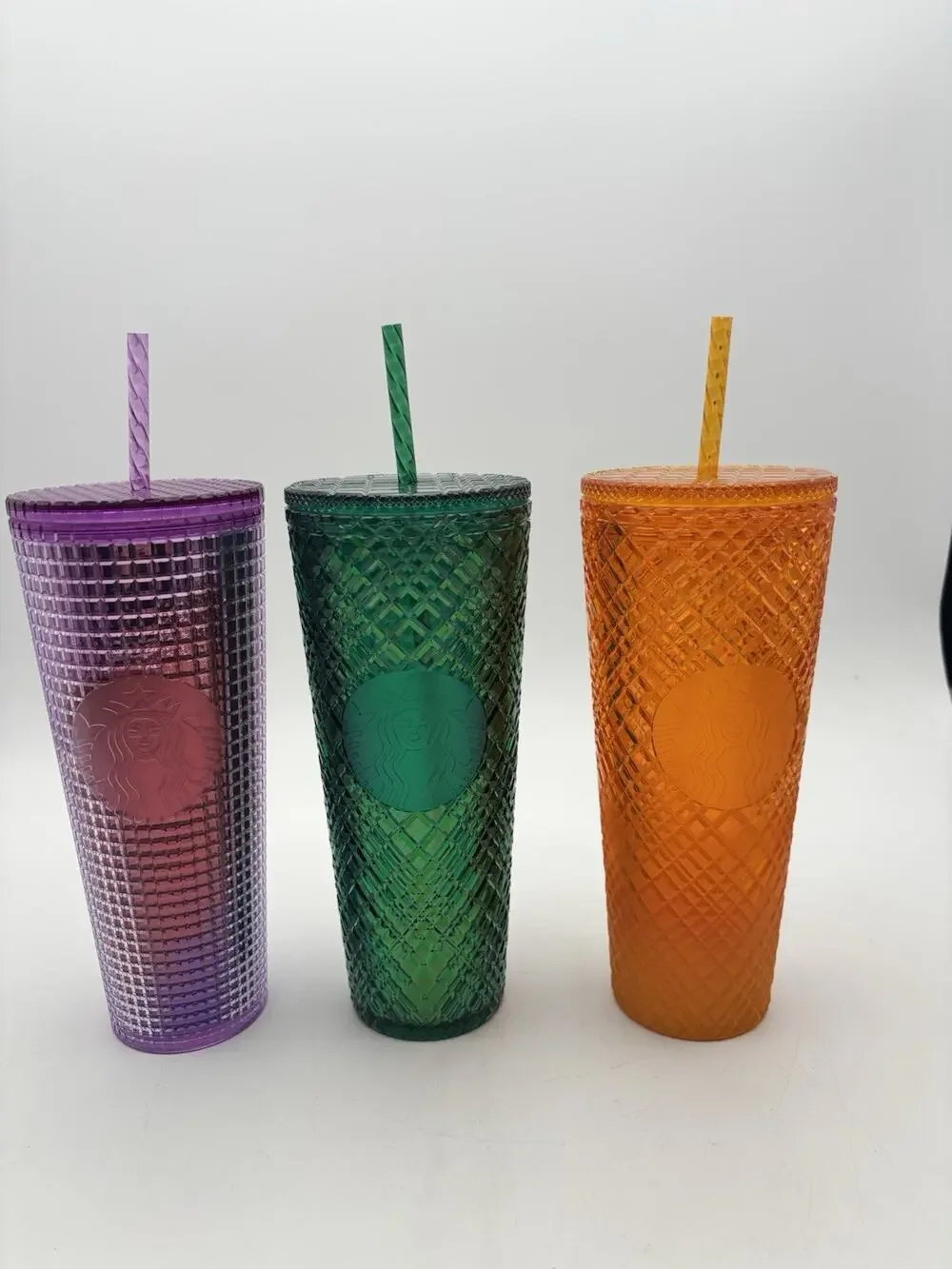 New Set Of 3 Starbucks Tumblers 24oz Venti With Straws/Lids Textured Jewel